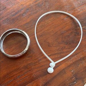 Silver Bracelet and White choker Necklace Set